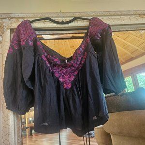 Free People Blouse, Embroidered, Black Cotton and Rayon